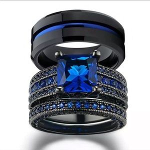 COUPLES MATCHING  BLACK & BLUE TUNGSTEN CARBIDE TITANIUM STEEL